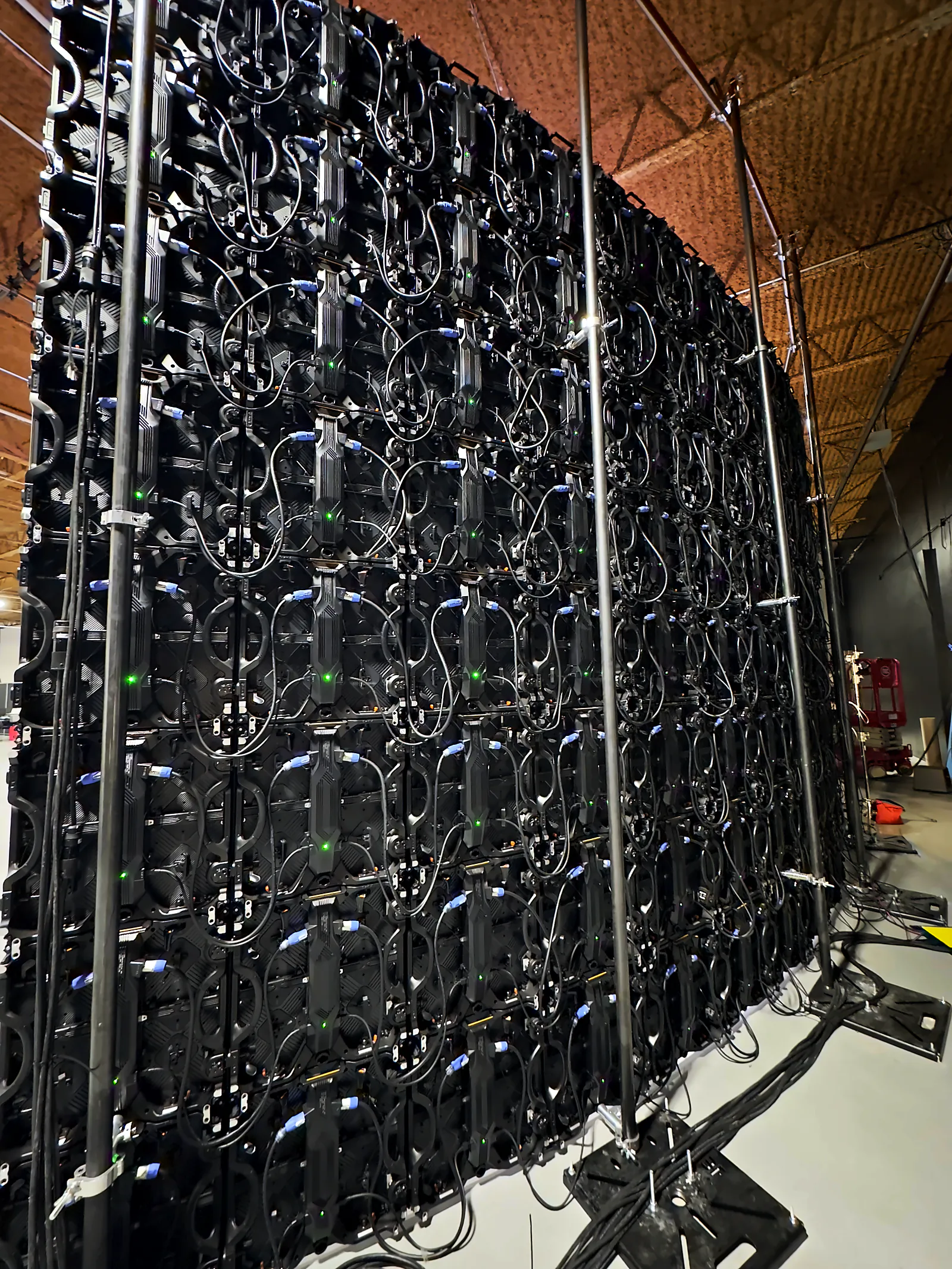 The rear of the curved LED wall: modular panel array with full data and power cabling