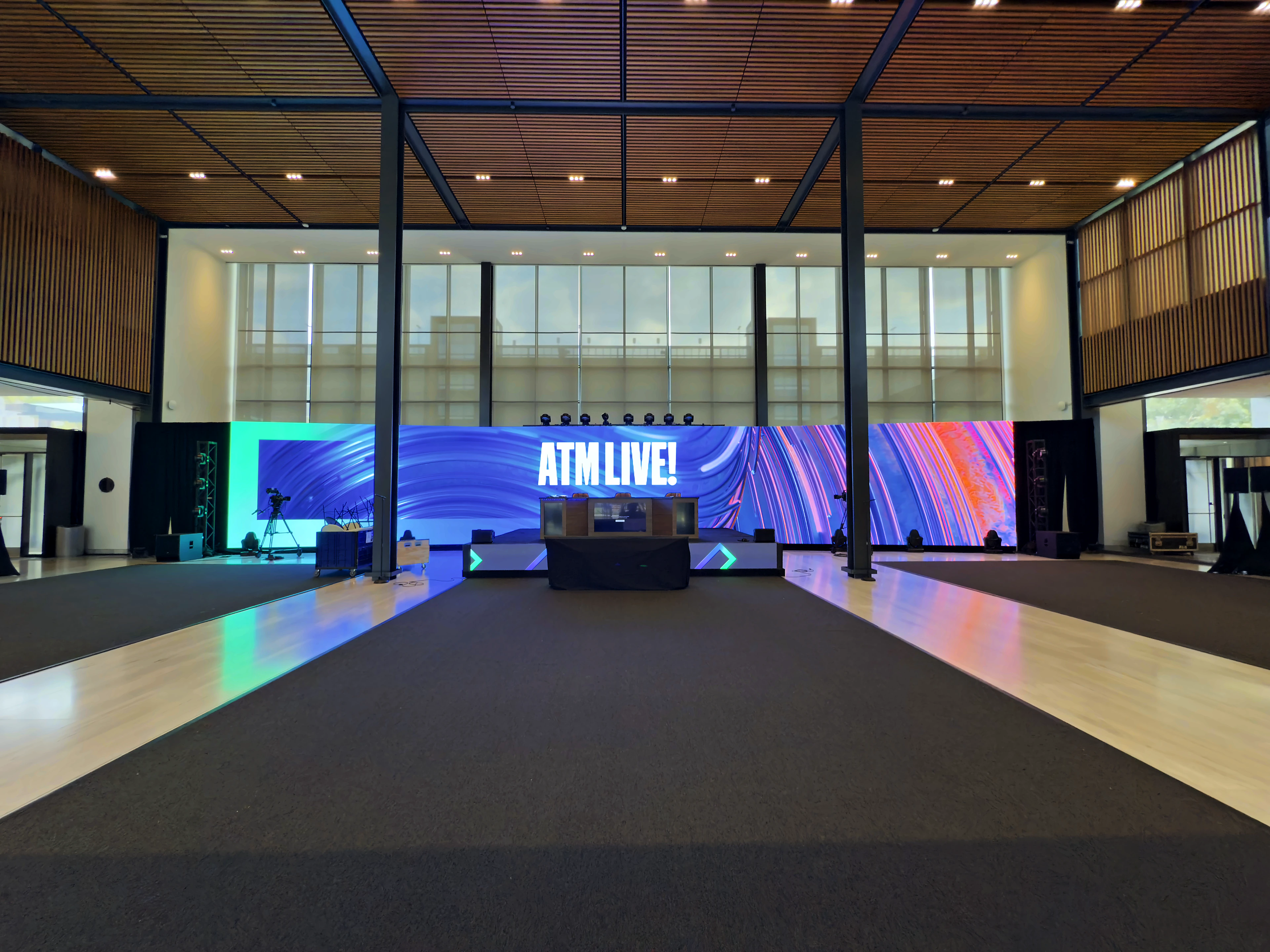 Panoramic LED wall carrying custom show content rendered to its exact pixel map