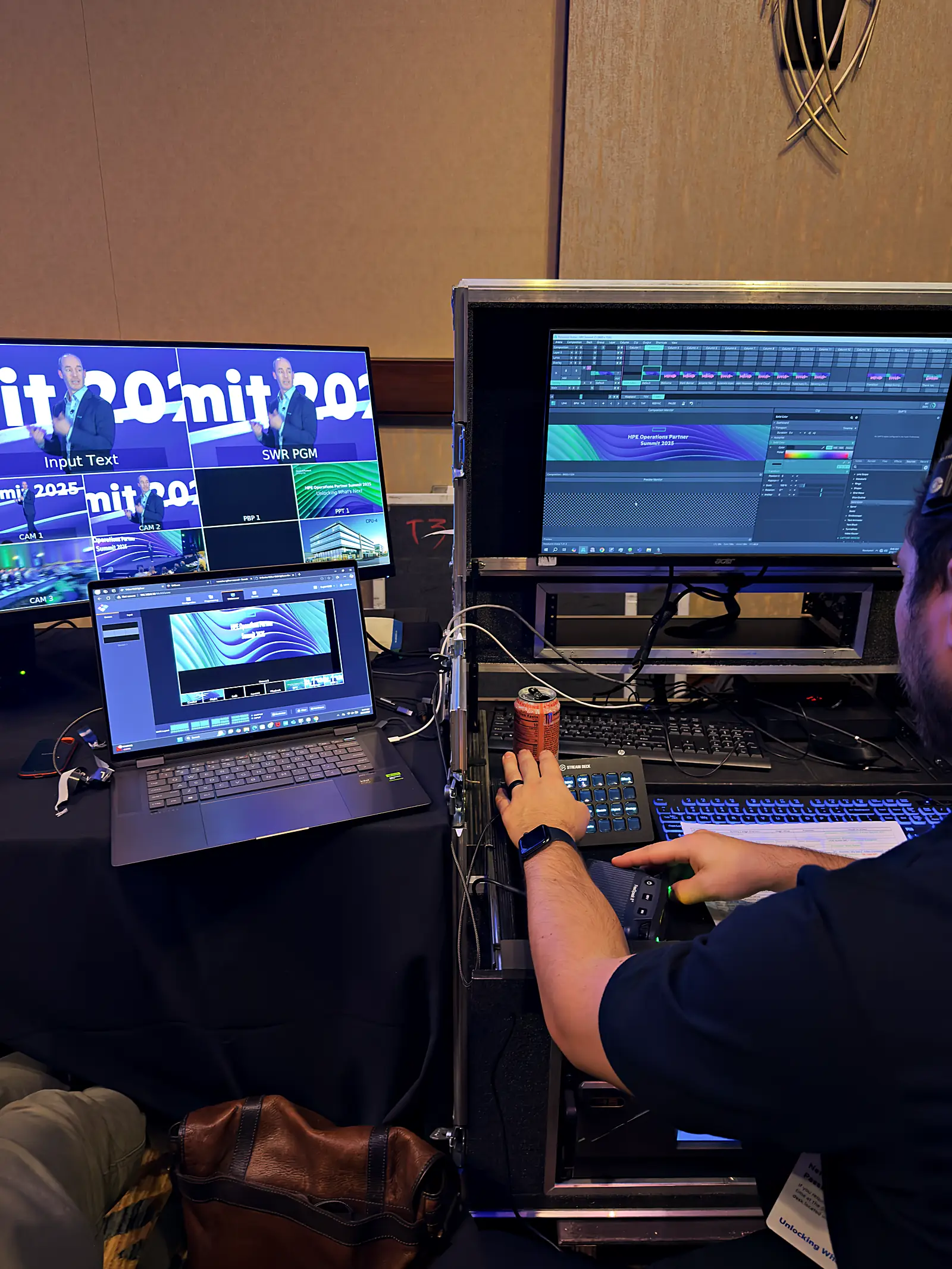 The video control station: switcher and multiviewer running the summit's camera and playback feeds