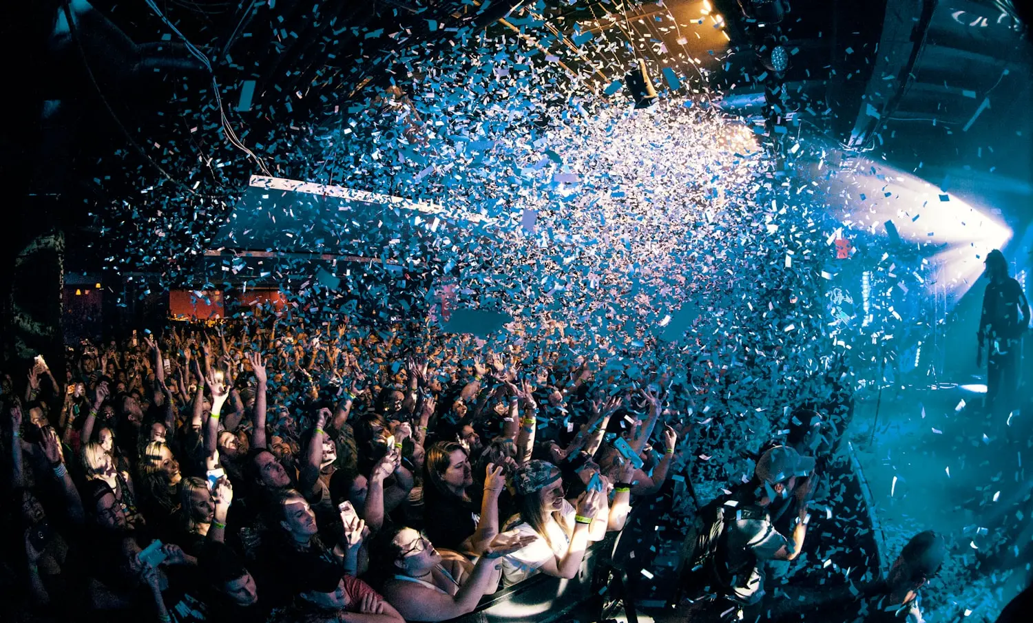 Confetti drop over a cheering crowd at an evening event finale.